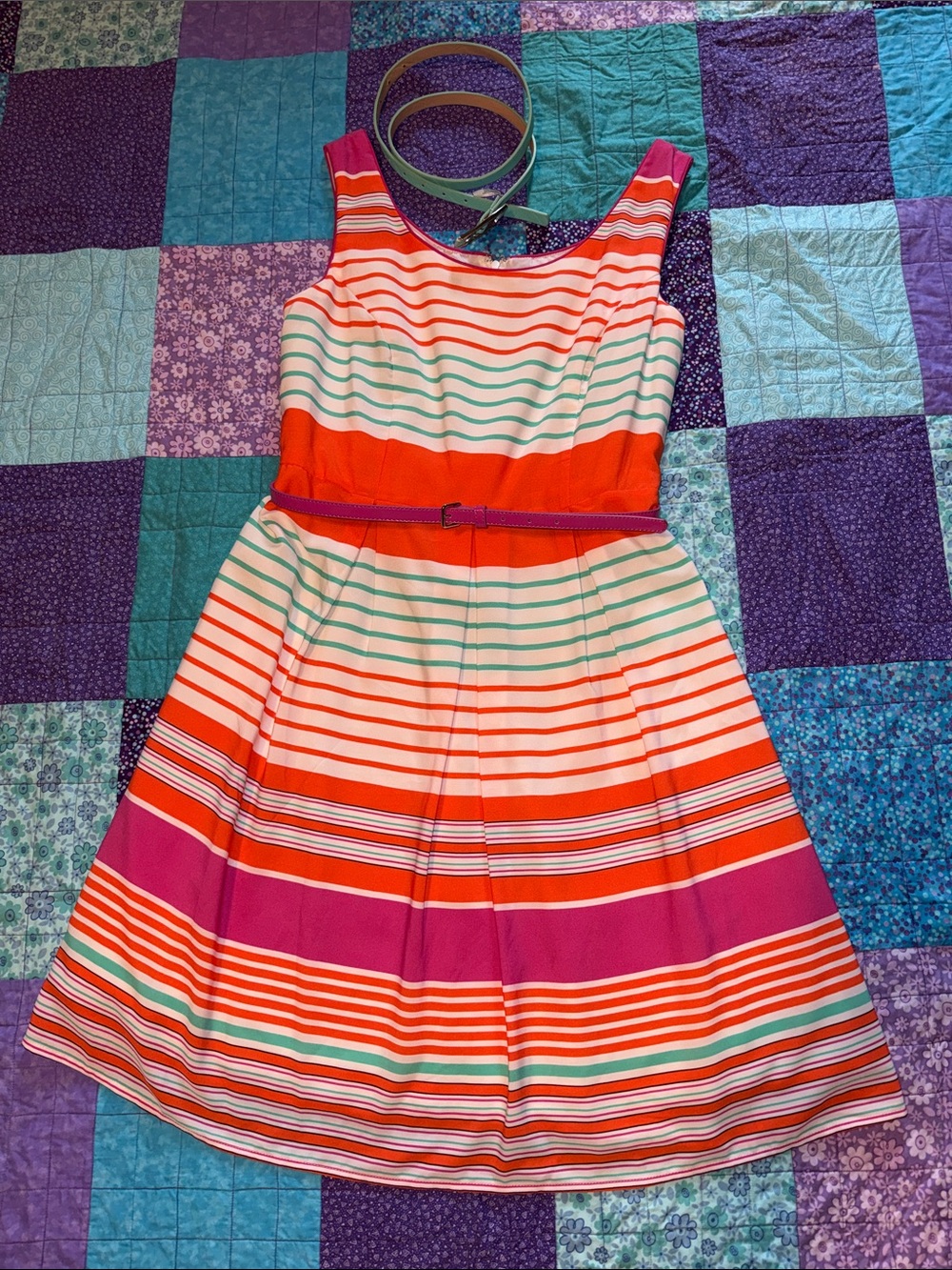 Tiana B. Size 12 multi-colored striped fit-and-flare dress, skater dress 2 belts